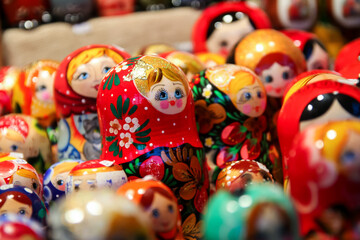 Handmade wooden Russian stacking dolls on display at the Christmas market of the Champs Elysées in Paris, France - Traditional painted soviet matriochka