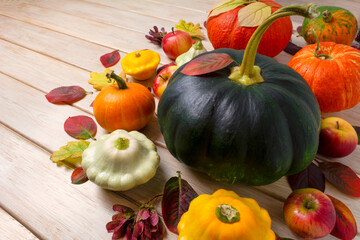 Fall arrangement with green and orange pumpkins