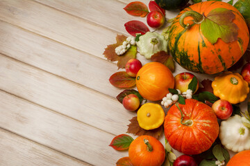Fall  arrangement with orange, striped pumpkins, snowberry, copy space