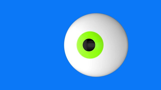 Animation of a wandering 3D eye on a blue background. Stock 4k video with alpha channel. Closed abstraction wandering ball and a green pupil. Observation system, ophthalmology, mysticism, vision