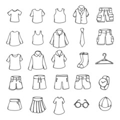 Clothes Doodle vector icon set. Drawing sketch illustration hand drawn line eps10