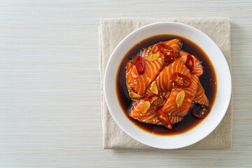 fresh salmon raw pickled in shoyu sauce