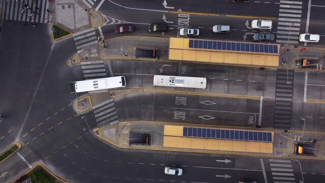 Chacarita terminal bus station, Buenos Aires. Aerial top-down rising