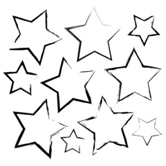 Grunge stars frame icon set. Silhouette elements. Stamp decor. Ink brush picture. Vector illustration. Stock image.