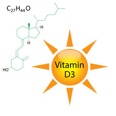 3d icon with yellow vitamin d3 with formula. Vector illustration. Stock image. 