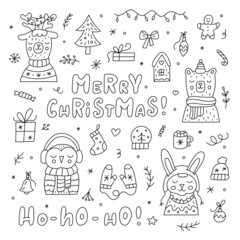 Cute Christmas doodle set. Hand lettering, cute animals and different holiday winter objects. Ideal for coloring books, stamps, invitations and others. Vector illustration.