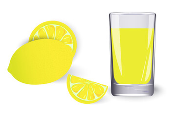 colorful lemon on white background. A glass of lemonade. Lemon wedges, whole lemon. Vector illustration. Stock image.
