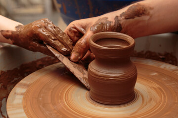 Fototapeta na wymiar The child moulds from clay a pot on a potter's wheel. Adults help the child to work with clay.