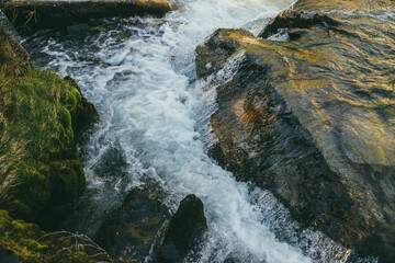 Colorful nature background with big boulder in turbulence of mountain river in sunny day. Beautiful landscape with moss near mountain river. Big stone in water stream in sunshine. Mossy water edge.