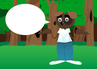 Funny cartoon dog shrugs shoulders expressing don't know gesture. Vector illustration.