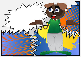 Funny cartoon dog shrugs shoulders expressing don't know gesture. Vector illustration.