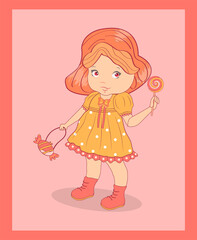 Cute little girl with candy vector illustration. Girl holding candy. Happy Birthday. Greeting card girl with candy.