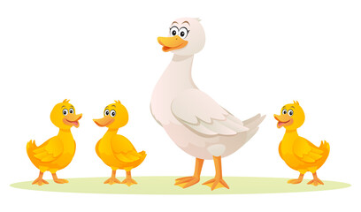 Duck with her cute ducklings cartoon illustration