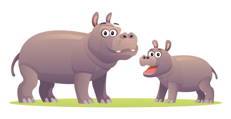 Hippopotamus with cute cub cartoon illustration