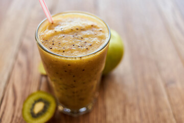 smoothie fresh fruit cocktail dessert healthy food in wooden background