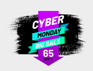 Cyber Monday big sale up to 65 percent off background. Special offer grunge texture promotional poster, banner, voucher. Online store, shop advertising of sales rebates vector illustration
