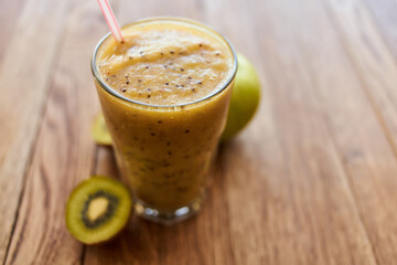 smoothie fresh fruit cocktail dessert healthy food in wooden background