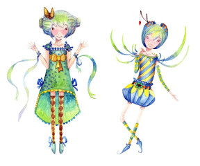 a set of stickers anime characters watercolor