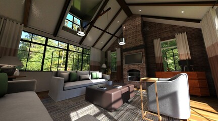 Living room in a country house 3d illustration