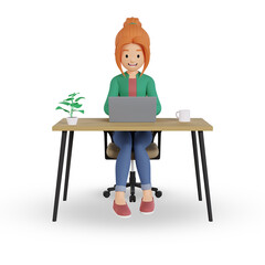 3d render of cartoon girl character working on a laptop