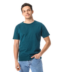 Handsome young man in stylish t-shirt on white background