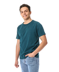Fototapeta premium Handsome young man in stylish t-shirt on white background