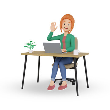 3d render of cartoon girl character working on a laptop and waving hand