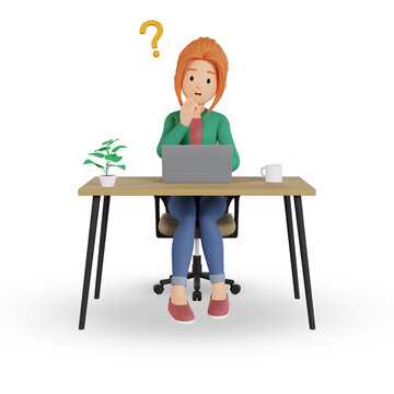 3d render of confused cartoon girl character working on a laptop with question mark
