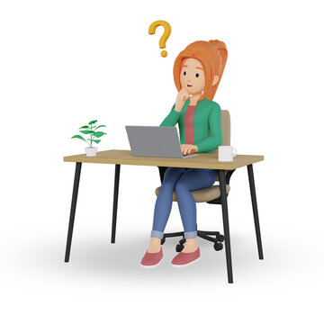 3d render of confused cartoon girl character working on a laptop with question mark