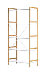 Wooden shelving unit on white background
