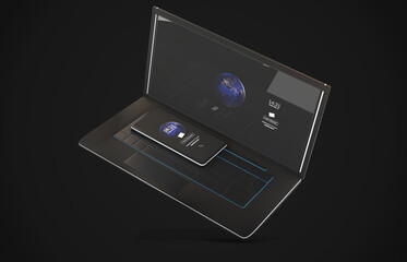 Christmas background with a computer as Laptop and a mobile smart phone 3d-illustration. elements of this image furnished by NASA