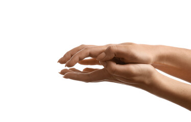 Woman performing a shadow play on white background