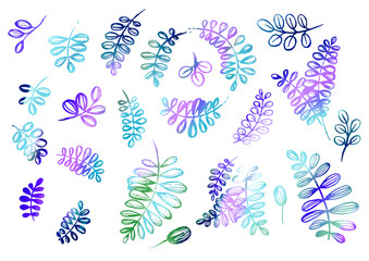 Fototapeta na wymiar Watercolor artistic multicolor Set of floral elements in the style of line art wedding theme on a white background. Doodle and scribble. Blue, violet, turquoise, green and purple leafs for postcard