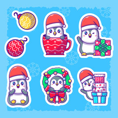 Fototapeta premium Cute penguin stickers set. collection of flat illustrations christmas