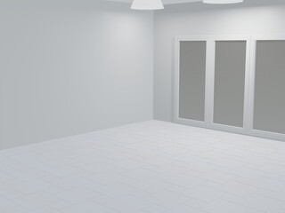 窓のあるバーチャル室内空間の3dレンダリング、白