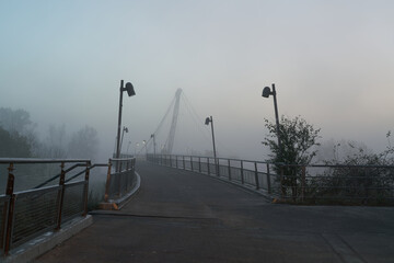 The Herrenkrugsteg, a suspension bridge over the river Elbe on the Elbe cycle path near Magdeburg...