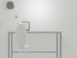 ノートパソコンと机とスタンドライトがある空間の背景壁紙の3dレンダリング 白