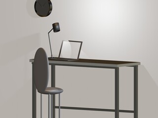 ノートパソコンと机とスタンドライトがある空間の背景壁紙の3dレンダリング モノクロ