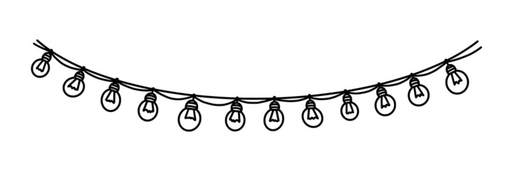 Garland with bulbs for carnival or celebration. Decor lamp garland isolated on white background. Vector illustration in doodle style