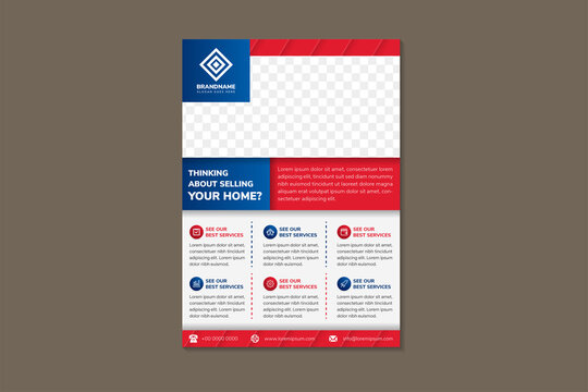 Thinking about selling your home flyer design template use vertical layout with flat grey in the background. red and blue gradient on element design. rectangle space of photo collage.