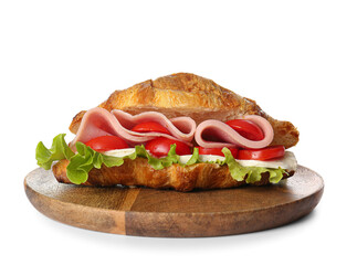 Plate with delicious croissant sandwich on white background