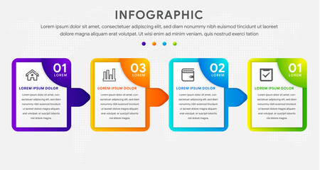 four steps business infographics template. the concept is circle option step with full color icon. isolated on horizontal layout background with grey colors.. dot circle pattern global map.