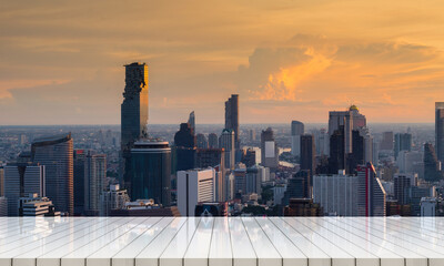 Empty floor shelves with bangkok cityscape city skyline aerial view building.