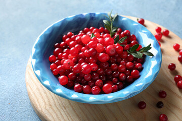 Bowl of ripe lingonberry on blue background, closeup