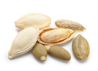 Pile of natural pumpkin seeds on white background