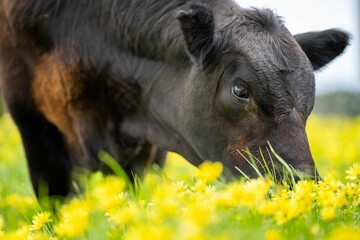 Close up of Stud Beef stud angus bulls and cows grazing on grass in a paddock, in Australia.