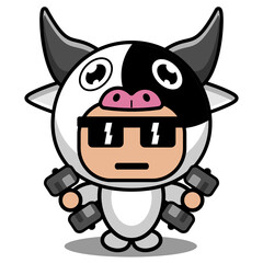 vector cartoon character cute cow animal mascot costume lifting barbell