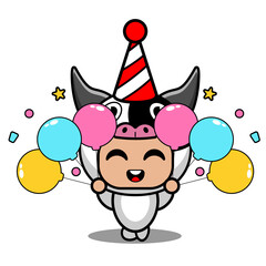vector cartoon character cute cow animal mascot costume holding birthday balloons