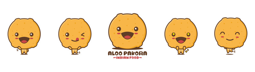 cute aloo pakora cartoon mascot. indian food vector illustration, with different facial expressions and poses