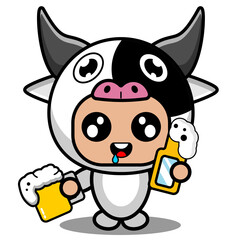 vector cartoon character cute cow animal mascot costume drinking beer